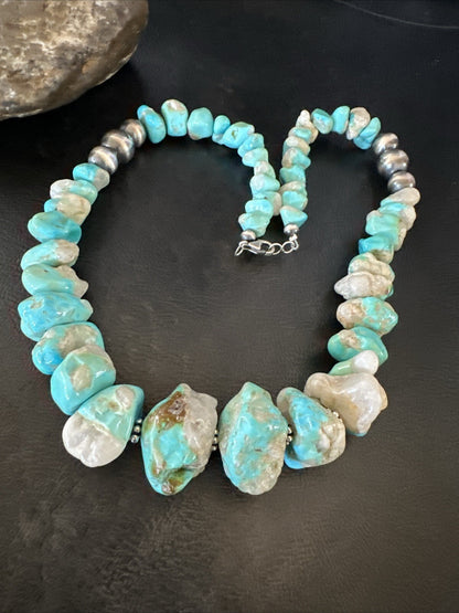 Blue Armenian Turquoise Chunky Nugget Navajo Sterling Silver Necklace 19” 18317