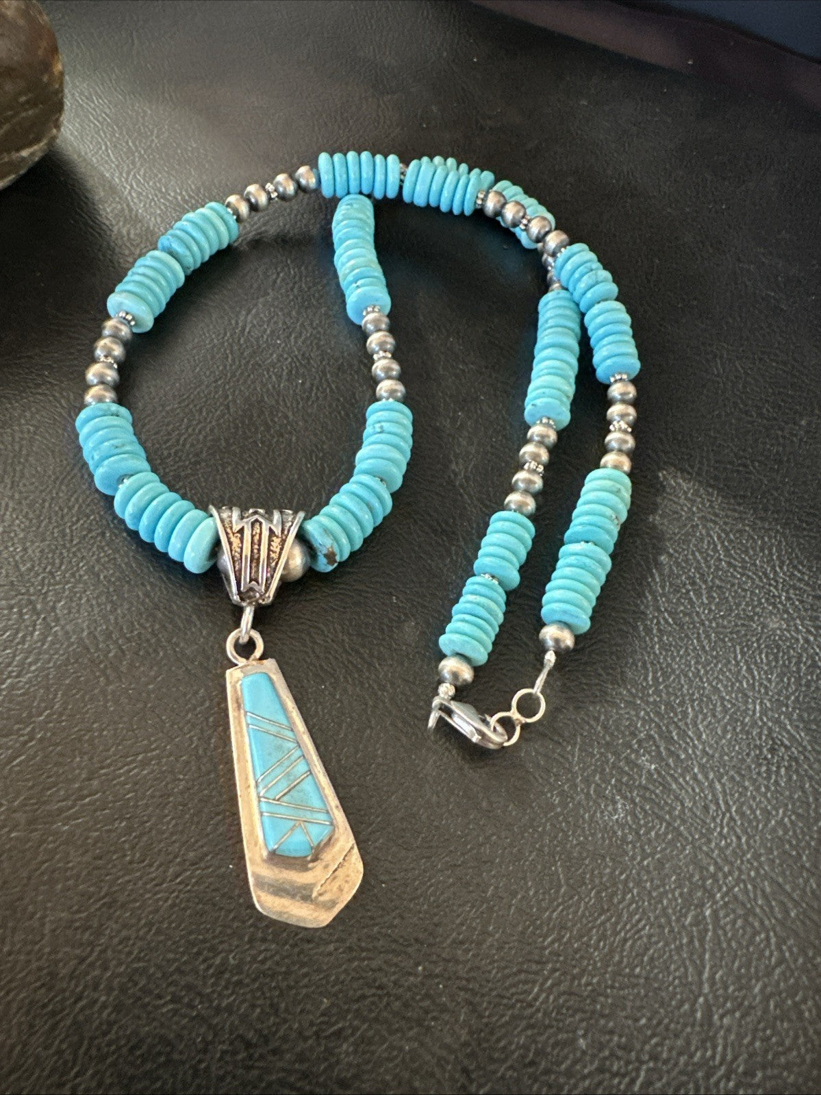 Blue Turquoise Inlay Pendant Navajo Sterling Silver Necklace 20" 19677