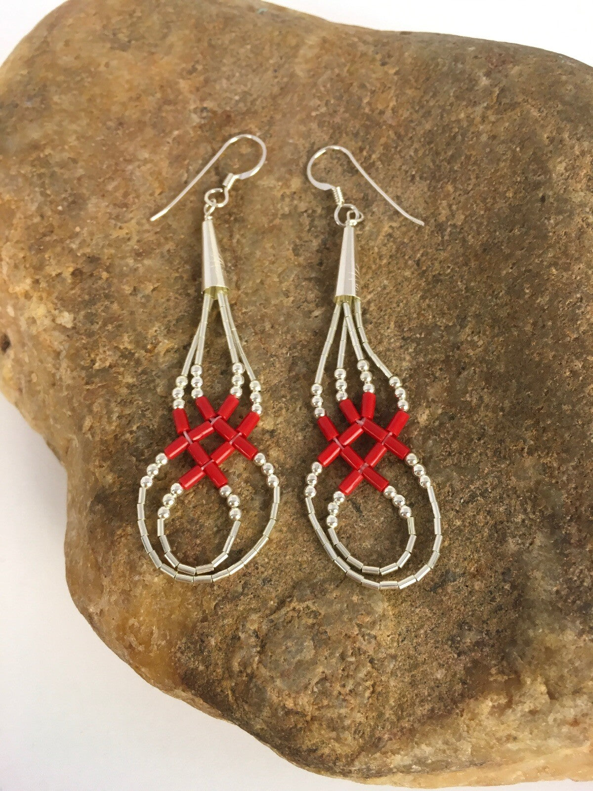 Native Red Coral Heishi Tube Liquid Sterling Silver Dangle Earrings 2" 08877