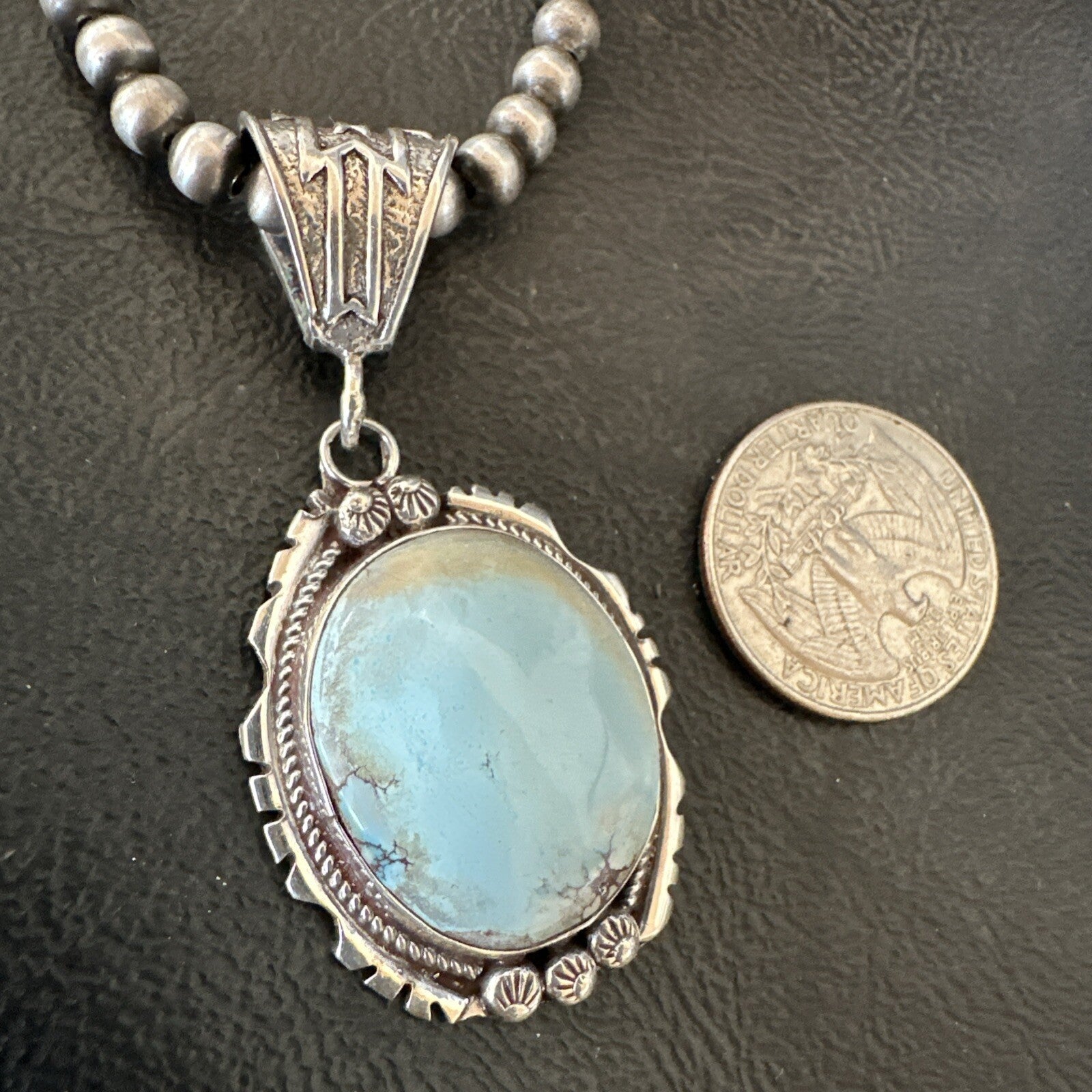 Mens Blue Dry Creek Turquoise Pendant Navajo Pearls Sterling Necklace 18681