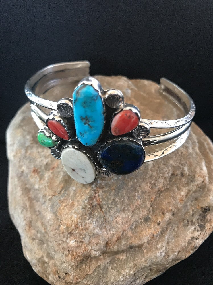 Navajo Wild Horse Turquoise Spiny Oyster Lapis Sterling Bracelet Platero