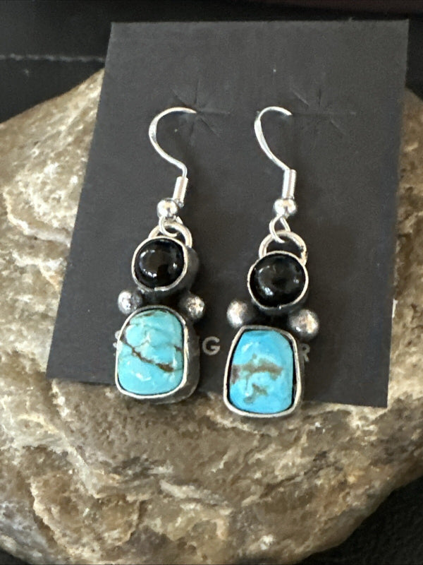 Handmade Kingman Turquoise Onyx Navajo Dangle Earrings | Sterling Silver | Authentic Native American Handmade | 18847