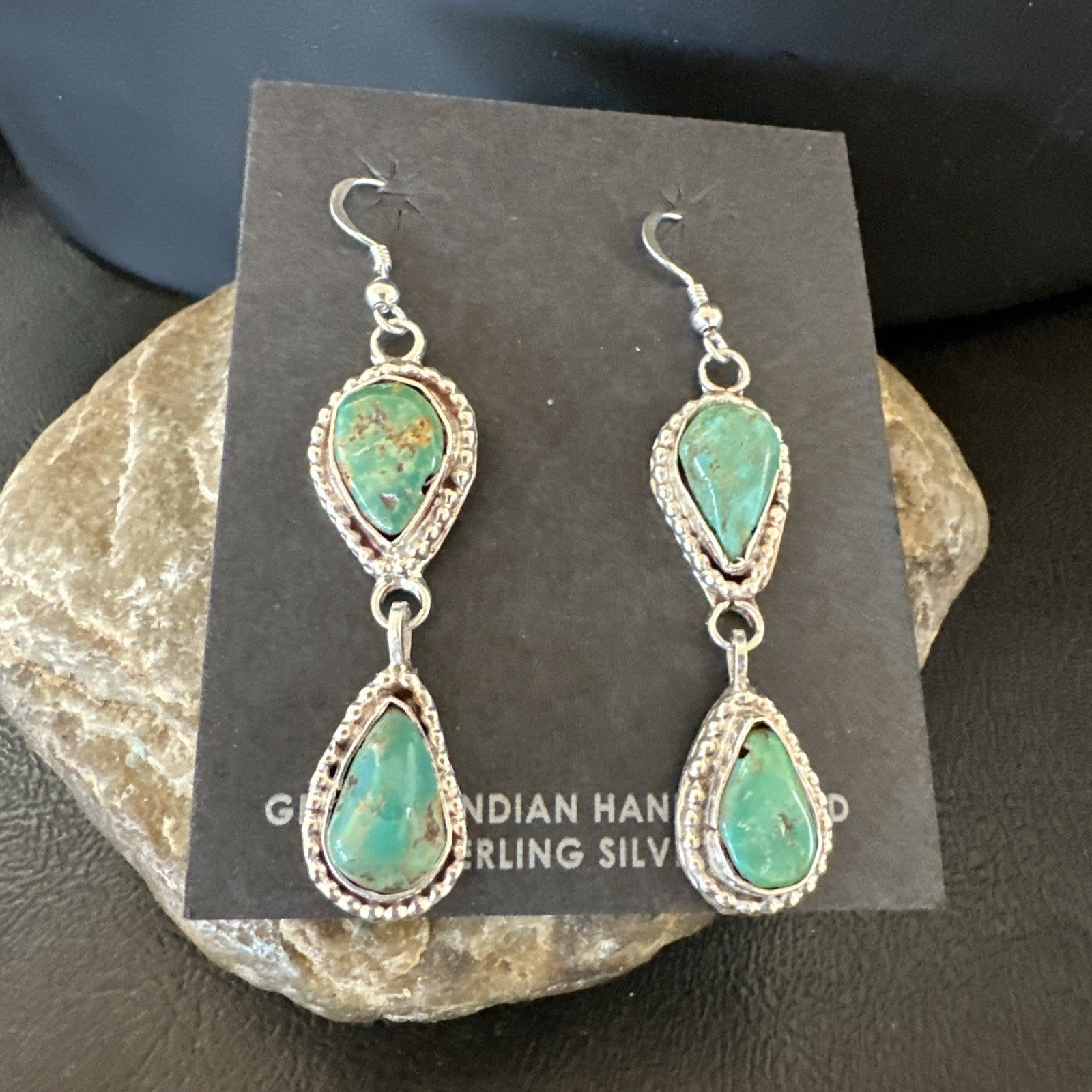 Green Royston Turquoise Navajo Sterling Silver Dangle Earrings 19404