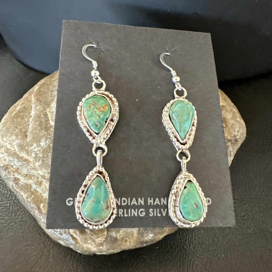 Green Royston Turquoise Navajo Sterling Silver Dangle Earrings 19404