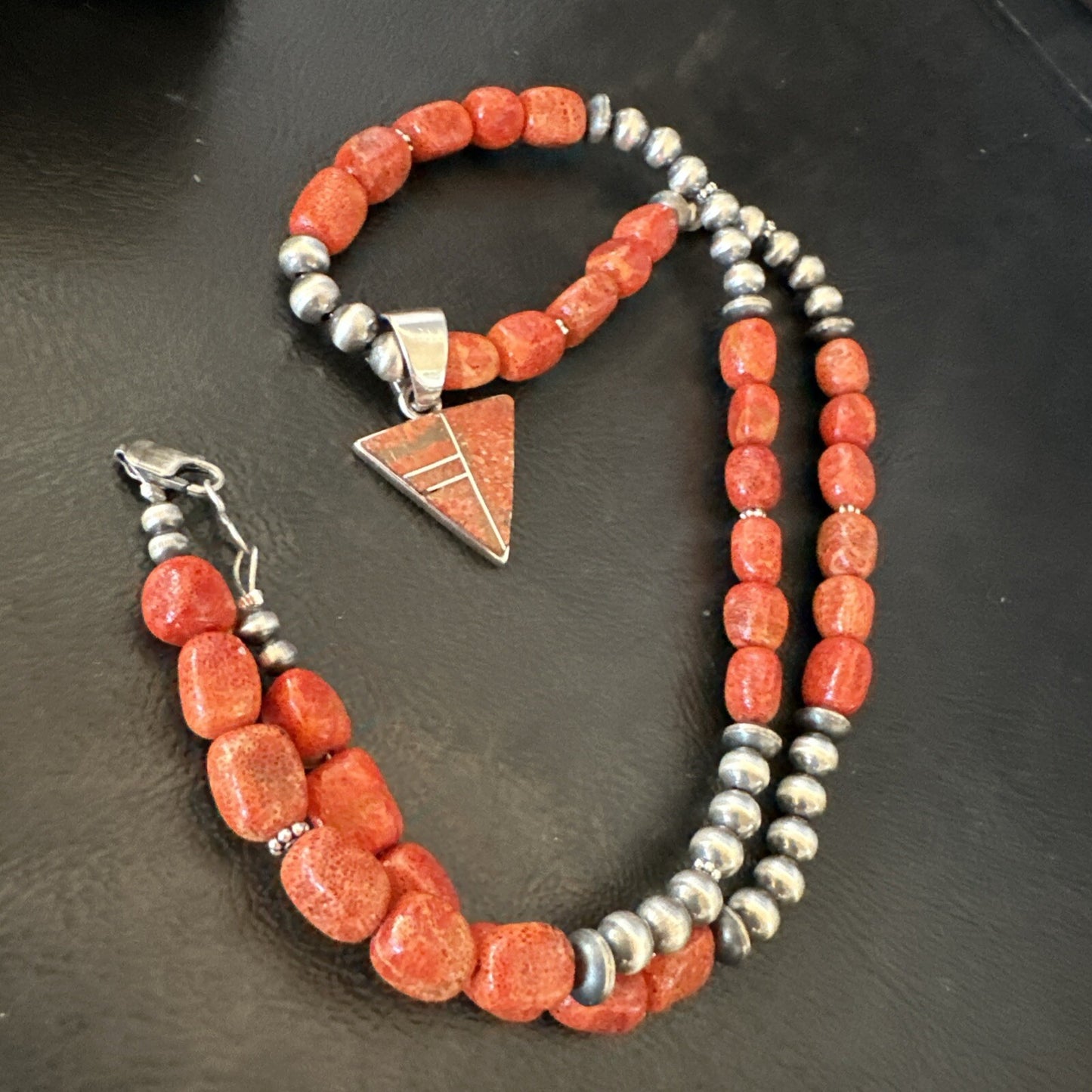 Navajo Apple Sponge Coral Sterling Silver Necklace Inlay Pendant 21” 18684