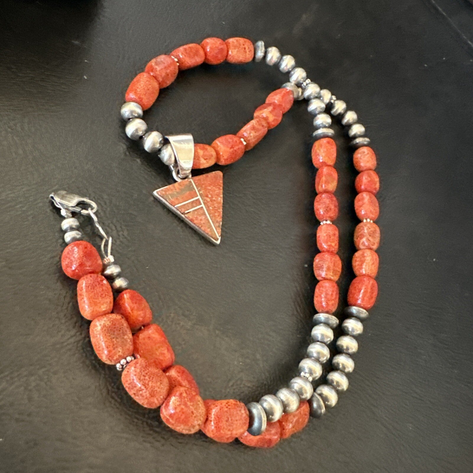 Navajo Apple Sponge Coral Sterling Silver Necklace Inlay Pendant 21” 18684