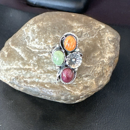 Multicolor Ring Turquoise Spiny Navajo Sterling Silver Cluster Size 8 19169