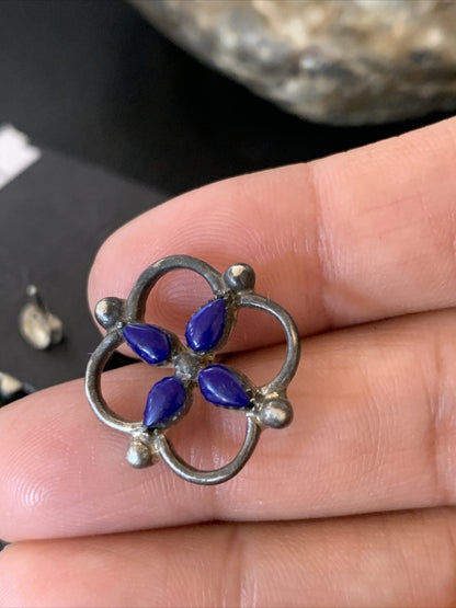 Blue Lapis Sterling Silver Multi-Stone Post Stud Inlay Earrings 0.5" 12707