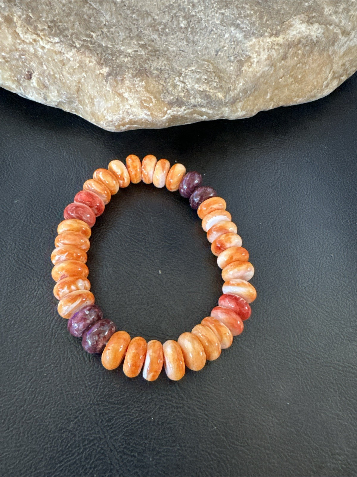 Orange Purple Spiny Oyster 12mm Bead Navajo Stretch Bracelet 19252