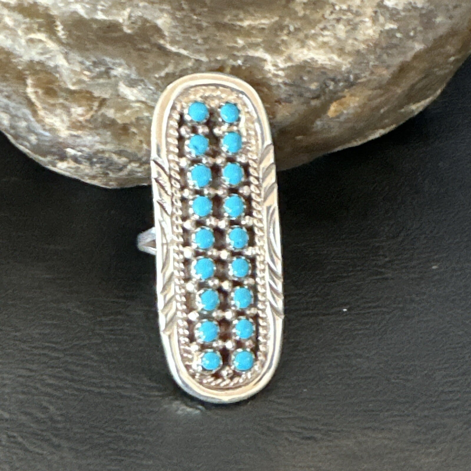 Blue Turquoise Zuni Sterling Silver Petite Point Cluster Ring Size 8.5 18792