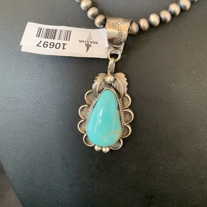 Mens Blue Kingman Turquoise Pendant Navajo Pearls Sterling Necklace 10697N