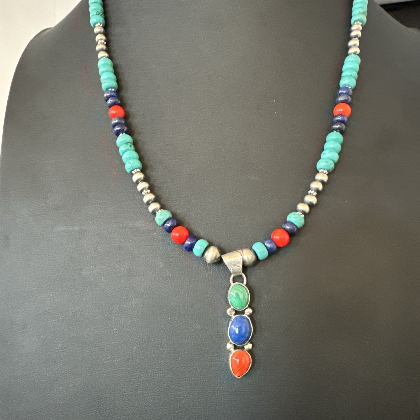 Multicolor Turquoise Coral Navajo Sterling Silver Cluster Pendant Necklace 19646