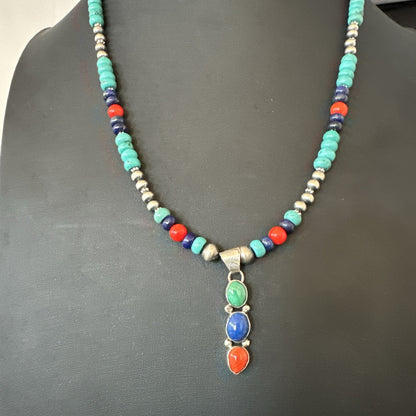 Multicolor Turquoise Coral Navajo Sterling Silver Cluster Pendant Necklace 19646