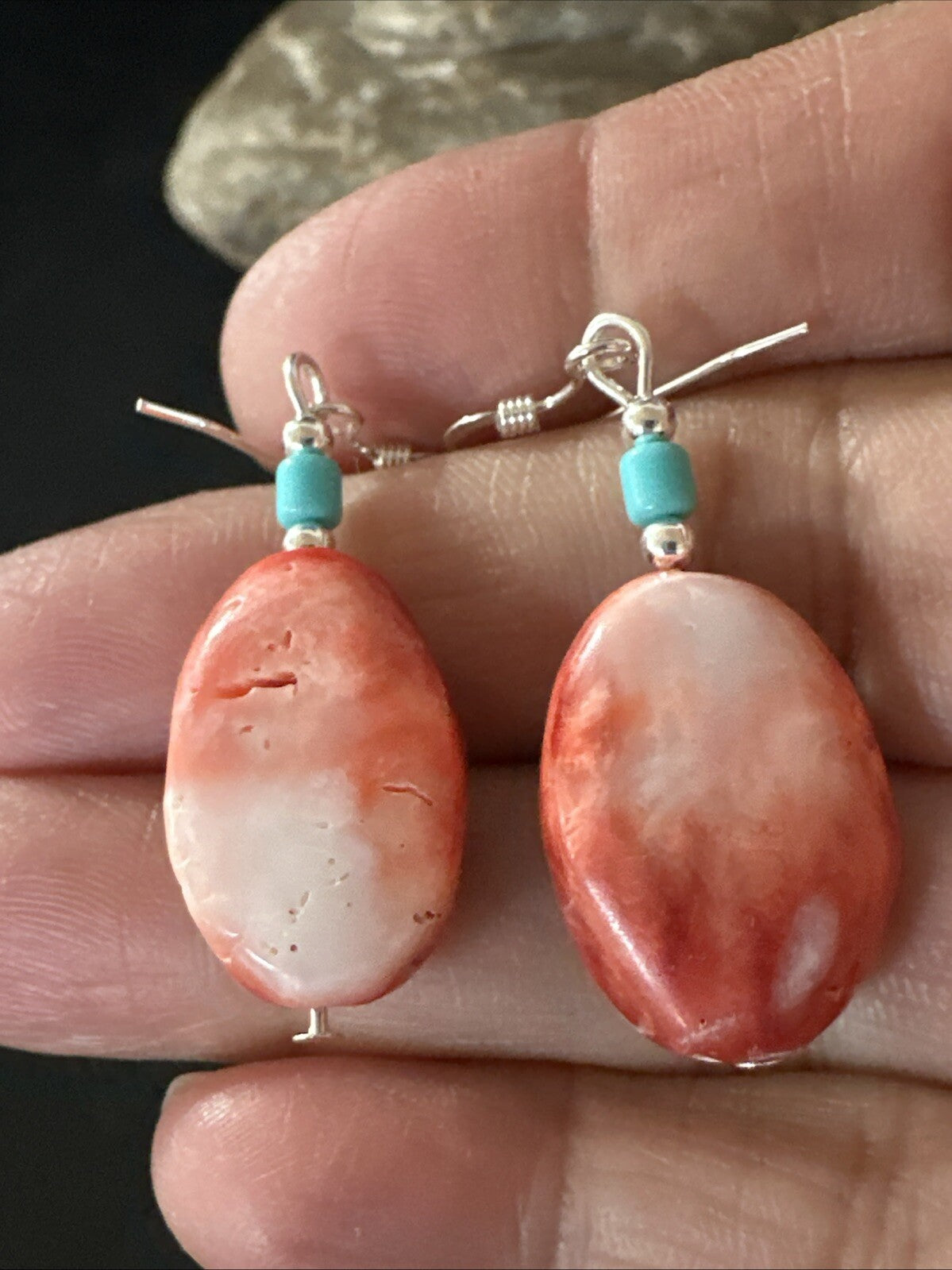 Navajo Sterling Red Spiny Oyster Turquoise Bead Earrings 18692