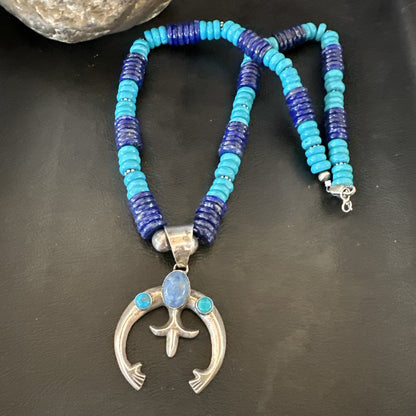 Blue Turquoise Lapis Naja Pendant Navajo 12mm Sterling Silver Necklace 19545