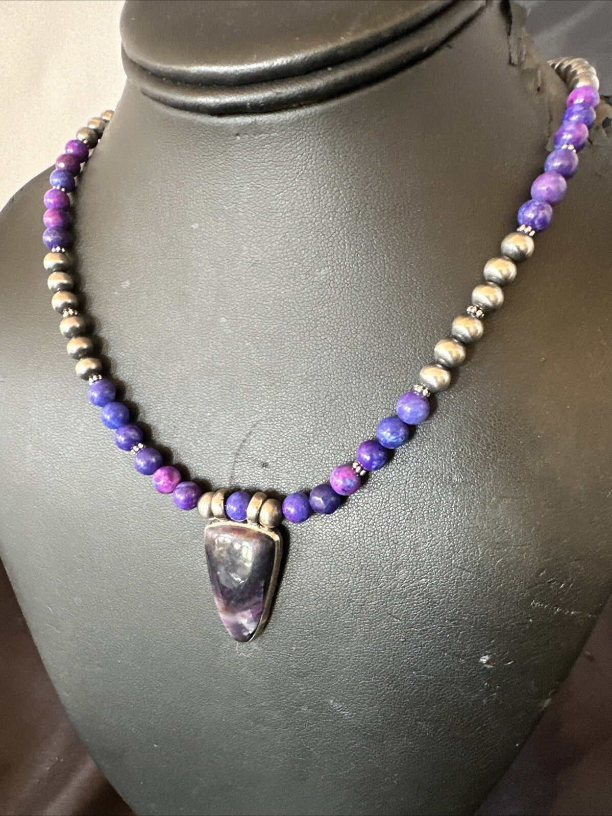 Purple Stone Pendant Navajo Pearls Sterling Silver Necklace 22” 18294