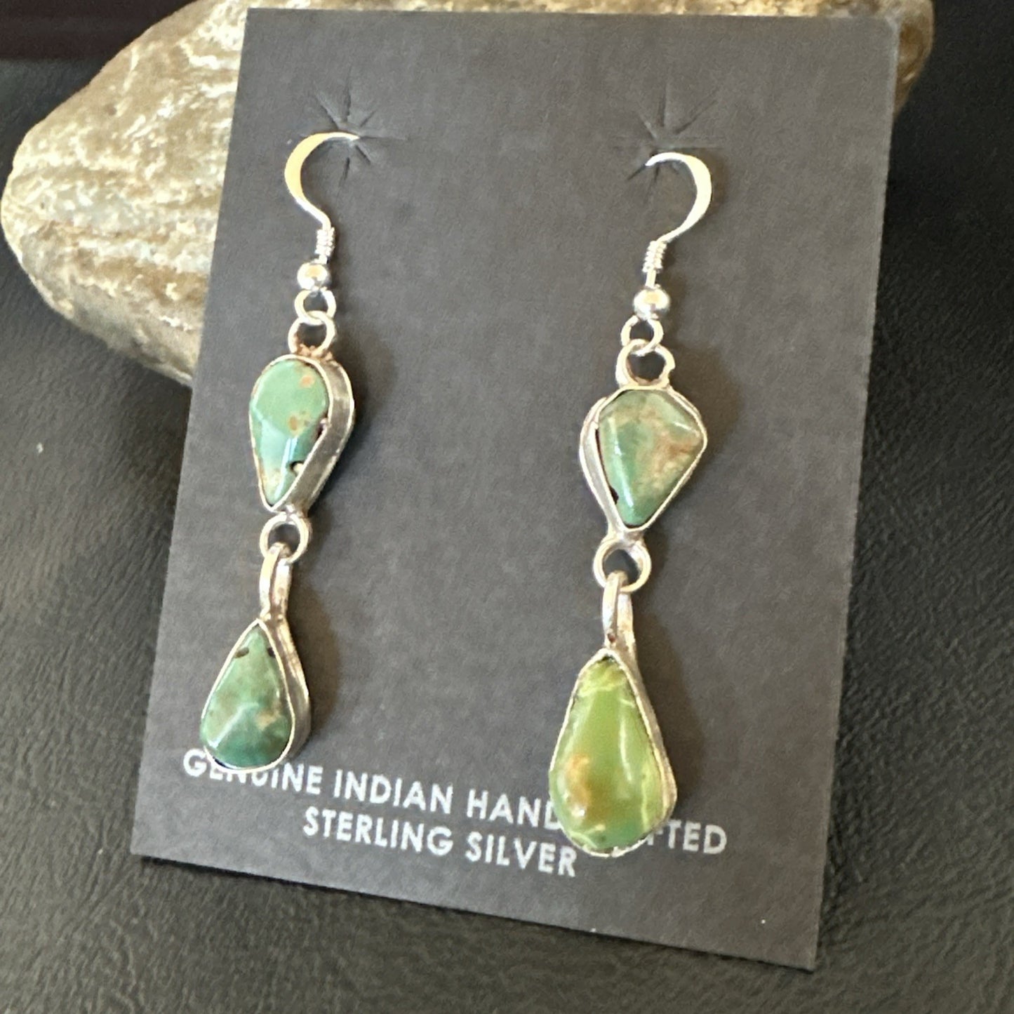 Green Royston Turquoise Navajo Sterling Silver Dangle Earrings 19414