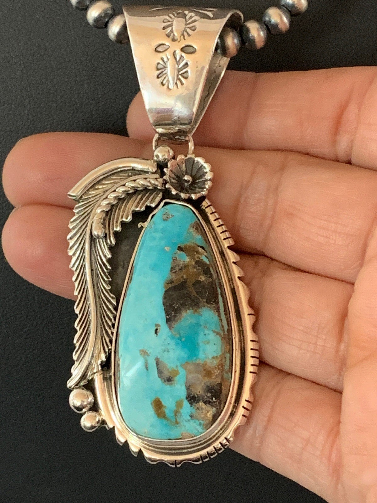 Mens Kingman Turquoise Pendant Navajo Pearls Sterling Silver Necklace 04301