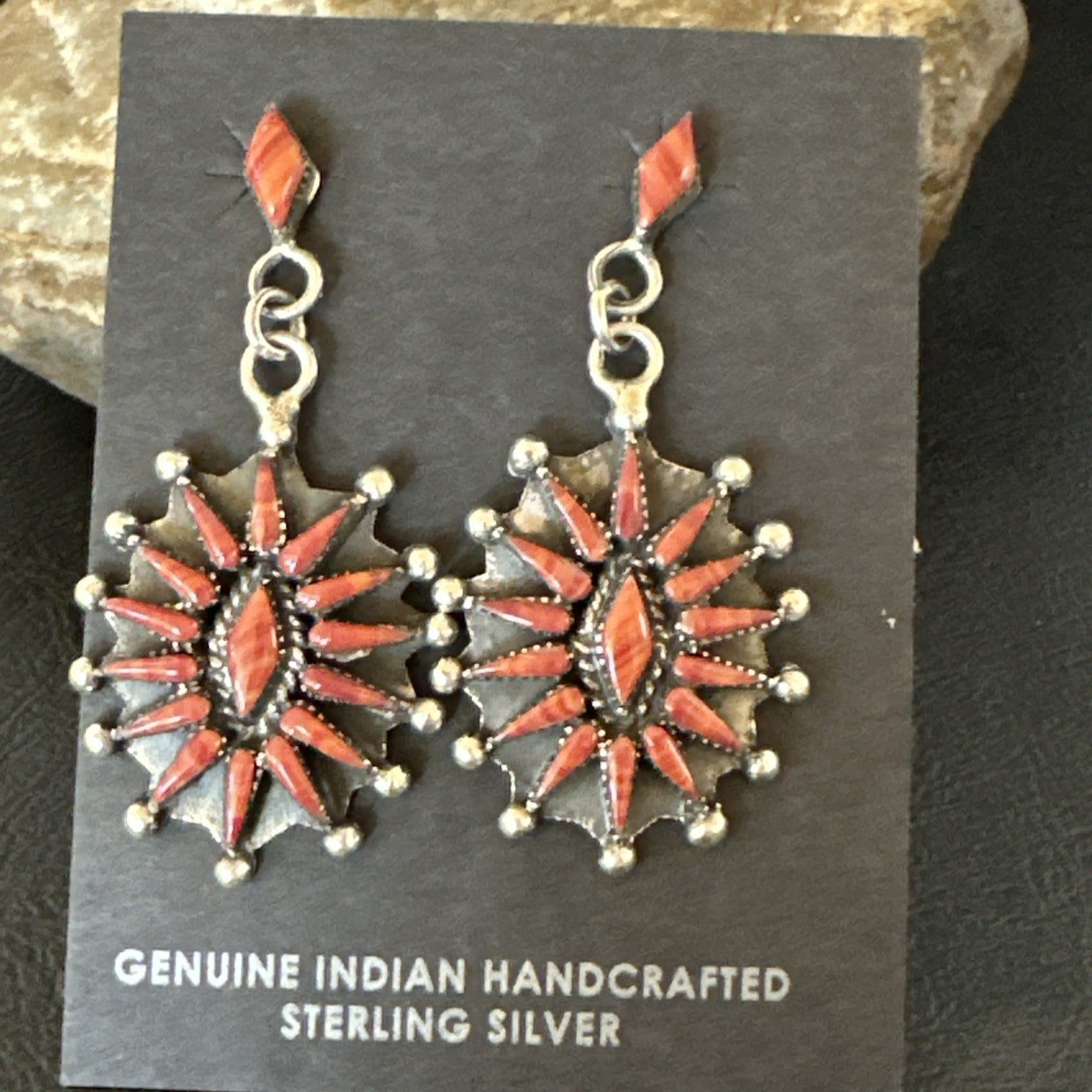 Red Coral Needlepoint Zuni Sterling Silver Dangle Earrings 19100