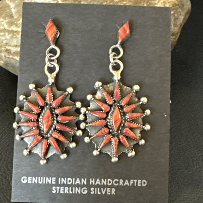 Red Coral Needlepoint Zuni Sterling Silver Dangle Earrings 19100