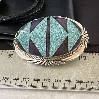 Navajo Mens BoloTie Belt Buckle Ranger Blue Turquoise Sterling Silver 19156