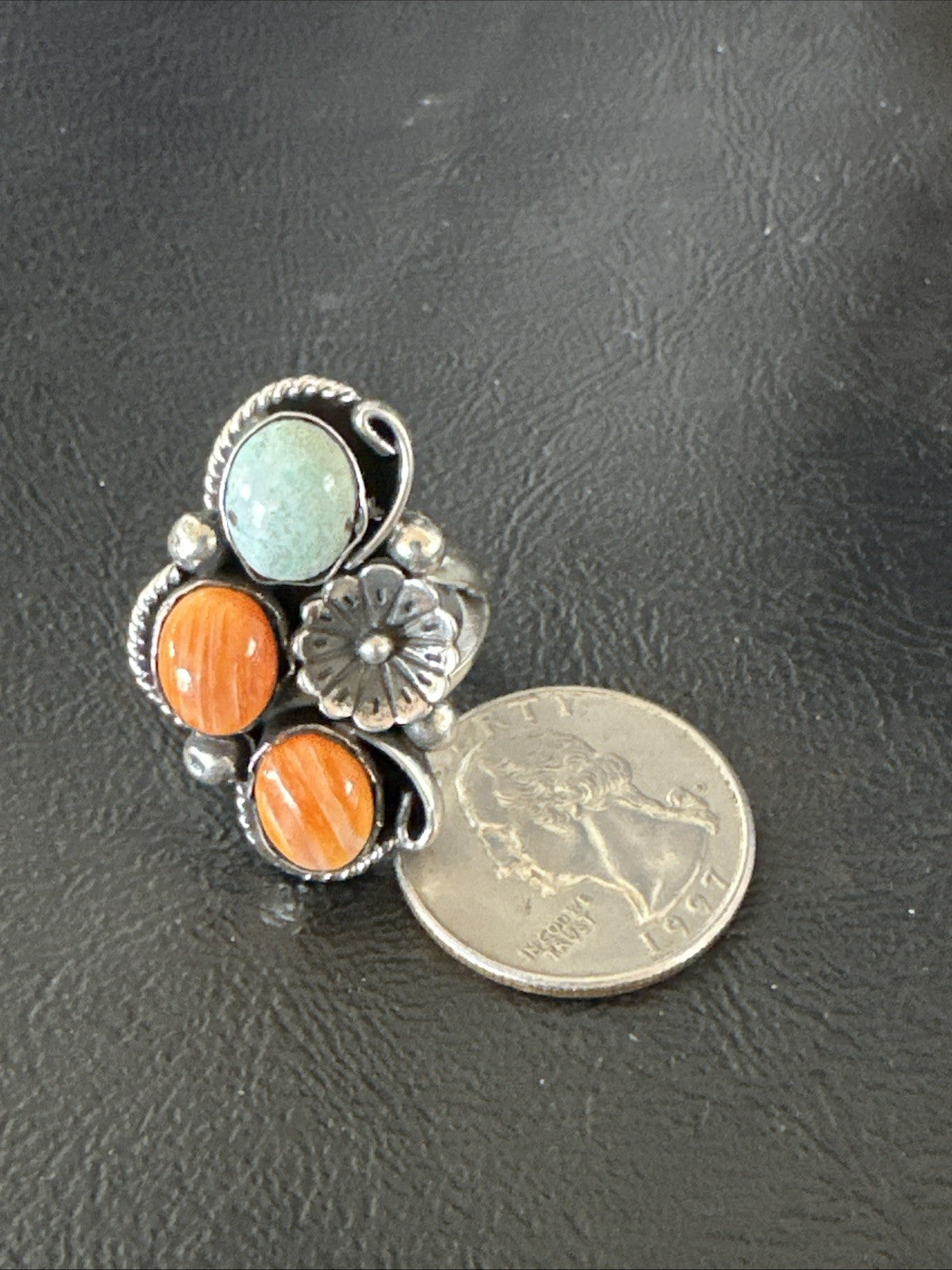 Multicolor Ring Turquoise Spiny Navajo Sterling Silver Cluster Size 8.5 19188