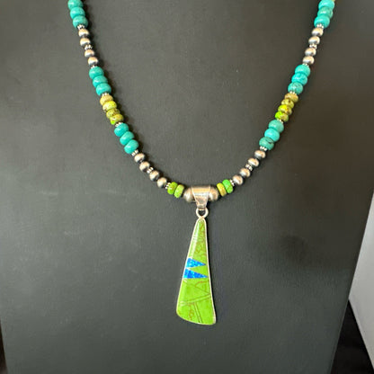 Blue Green Turquoise  Gaspeite Pendant Navajo Sterling Silver Necklace 19665
