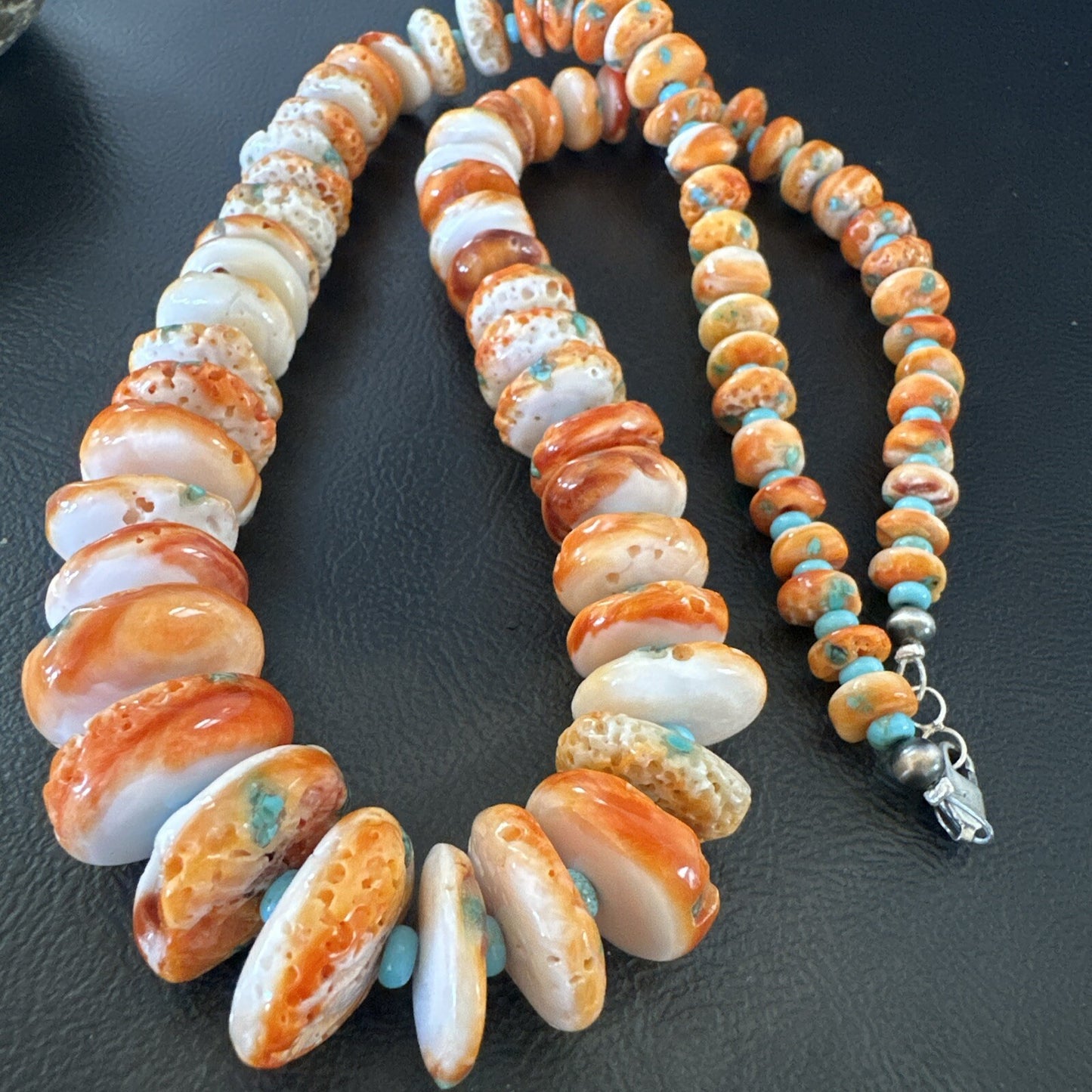 Orange Spiny Oyster Blue Turquoise Navajo Sterling Silver Necklace 23" 18087