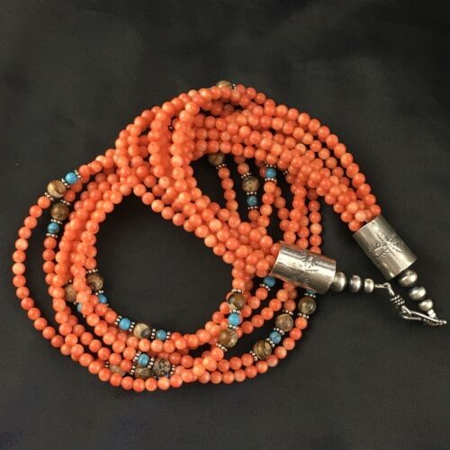 Navajo Orange Bamboo Coral Necklace 7 Strand Sterling Silver 19" 10173