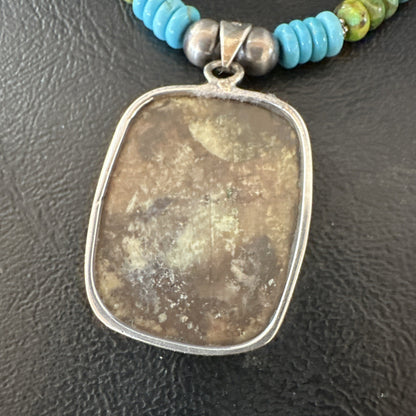 Green Gaspeite Pendant Blue Turquoise Navajo Sterling Silver Necklace 20" 19672