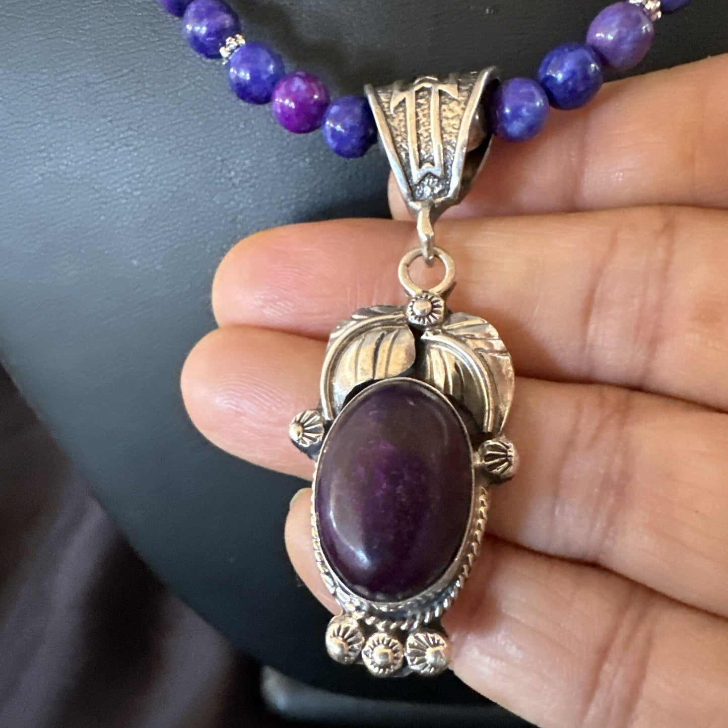 Purple Stone Pendant Navajo Pearls Sterling Silver Necklace 18387