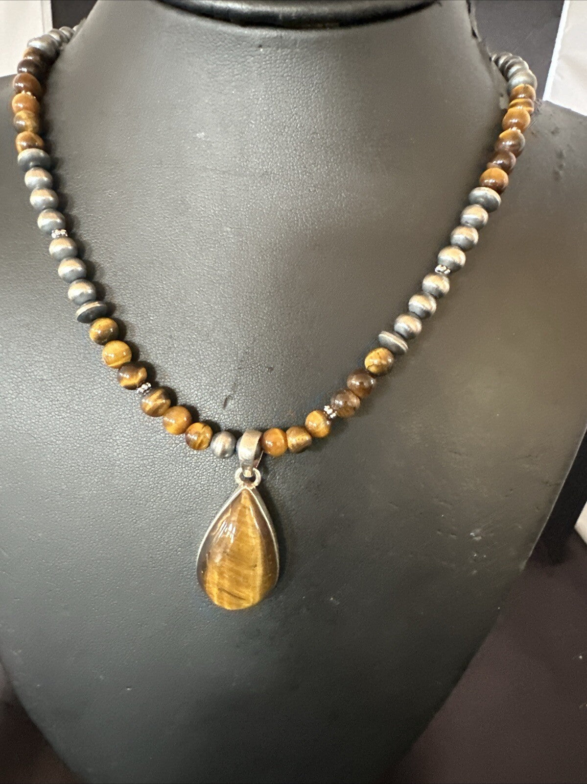 Coffee Brown Tigers Eye Sterling Silver Pendant Necklace Southwestern 18280