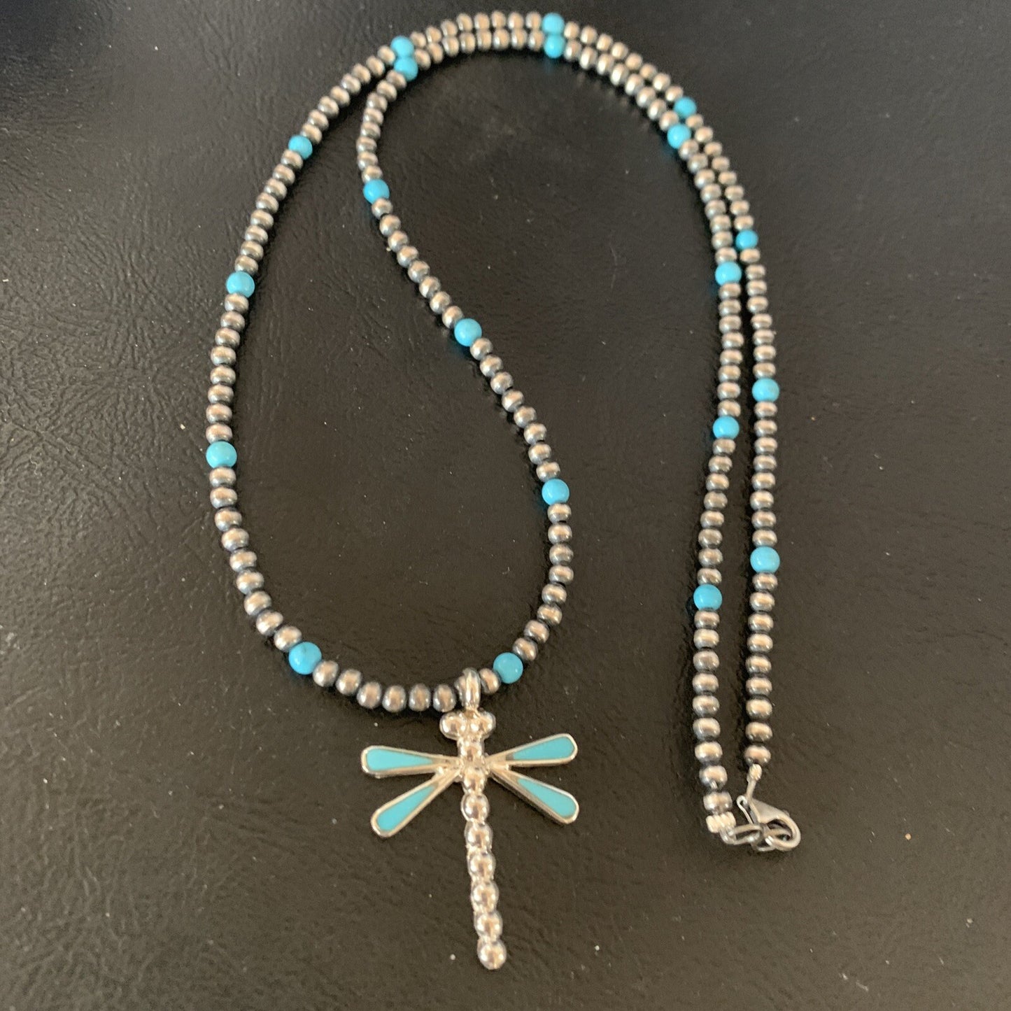 Blue Turquoise Dragonfly Pendant Zuni Sterling Silver Necklace 12058