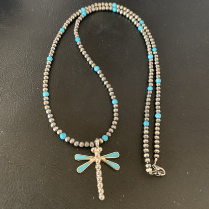 Blue Turquoise Dragonfly Pendant Zuni Sterling Silver Necklace 12058