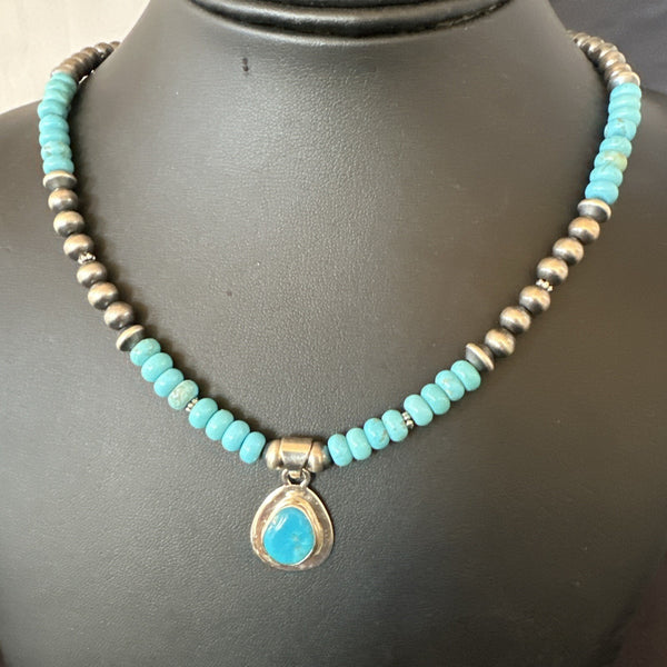 Women's Blue Kingman Turquoise Pendant Navajo Necklace 21" | Sterling Silver | Authentic Native American Handmade | 18426