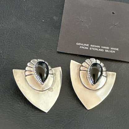 Old Pawn Black Onyx Navajo Sterling Silver Native American Earrings 18114