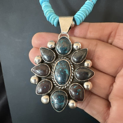 Blue Turquoise Navajo Sterling Silver Cluster Round Pendant Necklace 2”19660