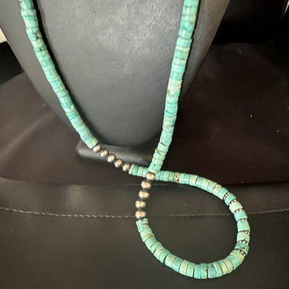 Blue Turquoise 34” Heishi Navajo Pearls Sterling Silver Bead Necklace 17256