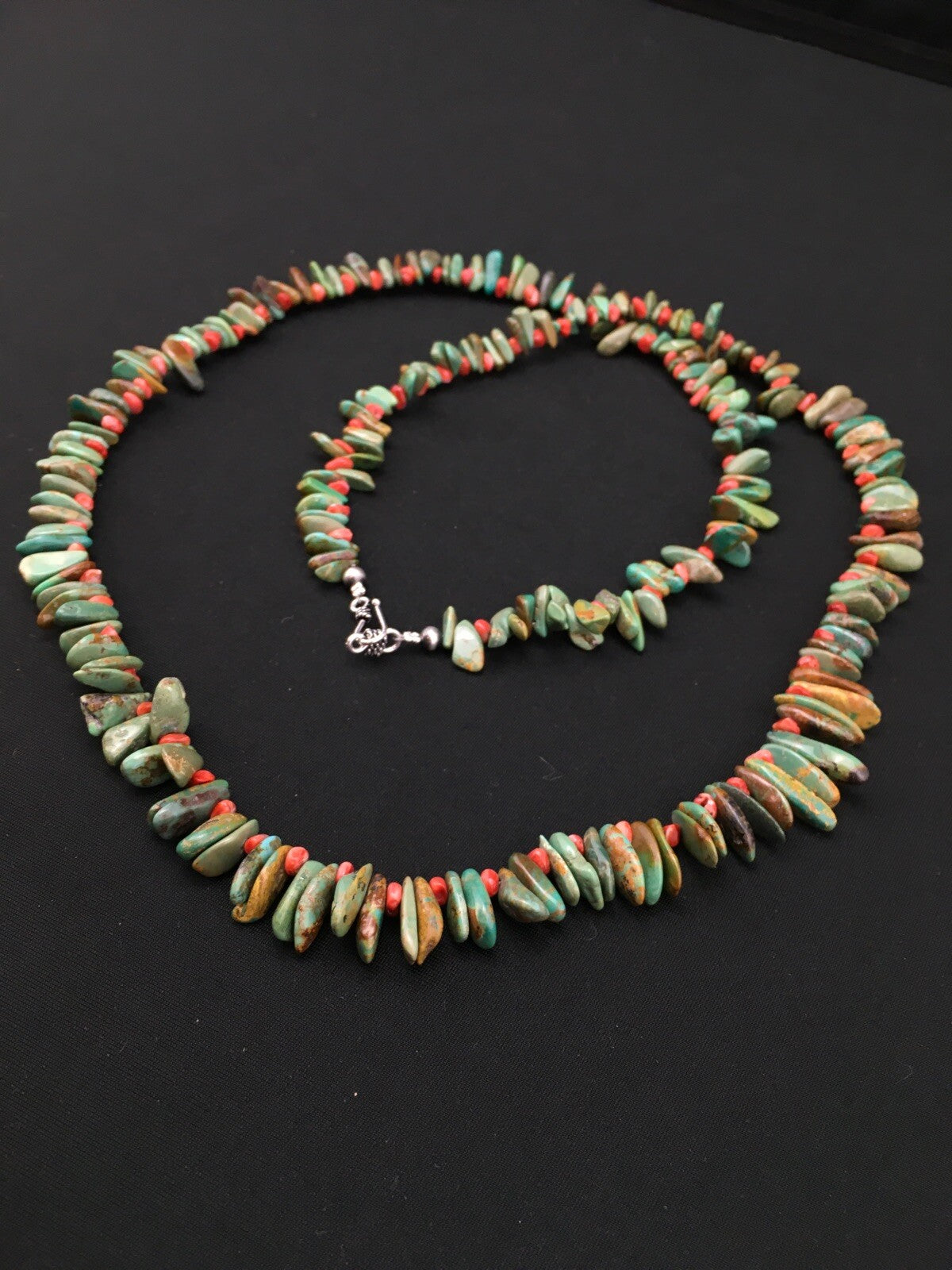 Green Turquoise & Spiny Oyster Navajo Sterling Silver Necklace 34" 04738