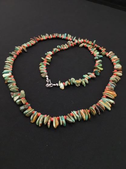 Green Turquoise & Spiny Oyster Navajo Sterling Silver Necklace 34" 04738