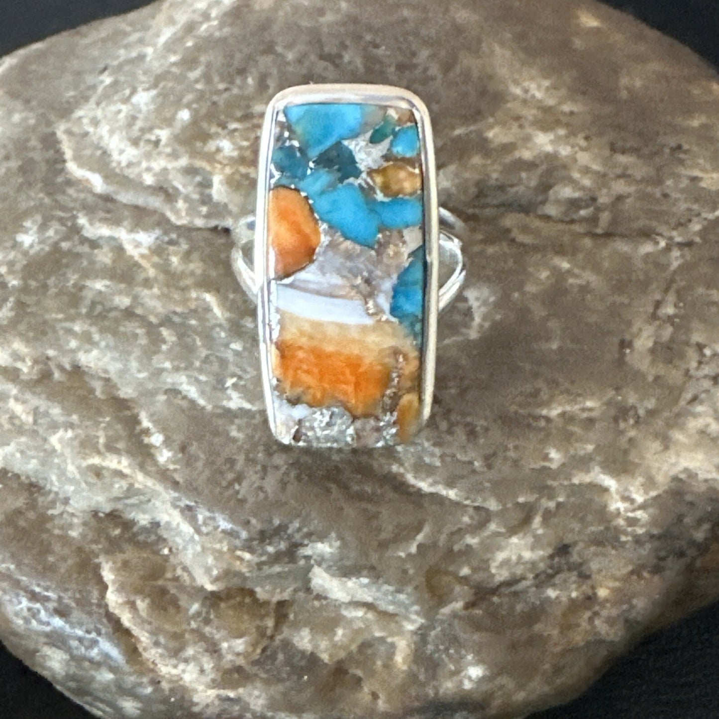 Blue Turquoise Spiny Oyster Southwestern Sterling Silver Ring Size 6 18513