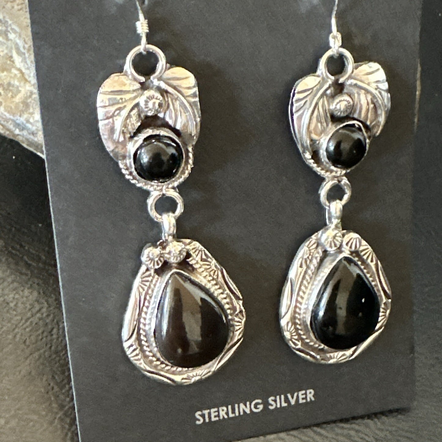 Black Onyx Navajo Sterling Silver Dangle Earrings 1.5" 18286