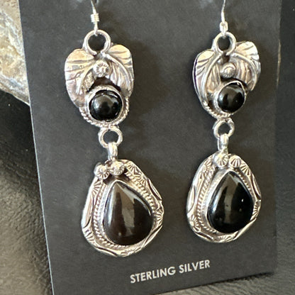 Black Onyx Navajo Sterling Silver Dangle Earrings 1.5" 18286