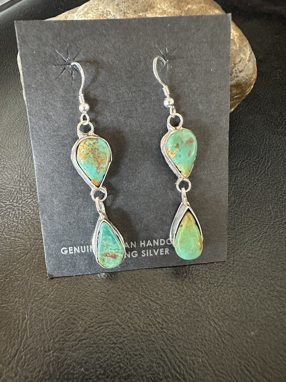 Green Royston Turquoise Navajo Sterling Silver Dangle Earrings 19369