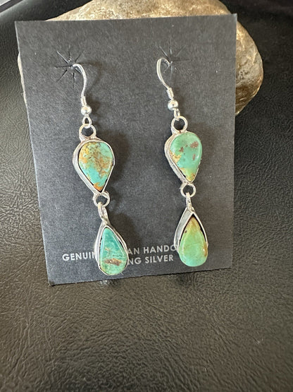 Green Royston Turquoise Navajo Sterling Silver Dangle Earrings 19369