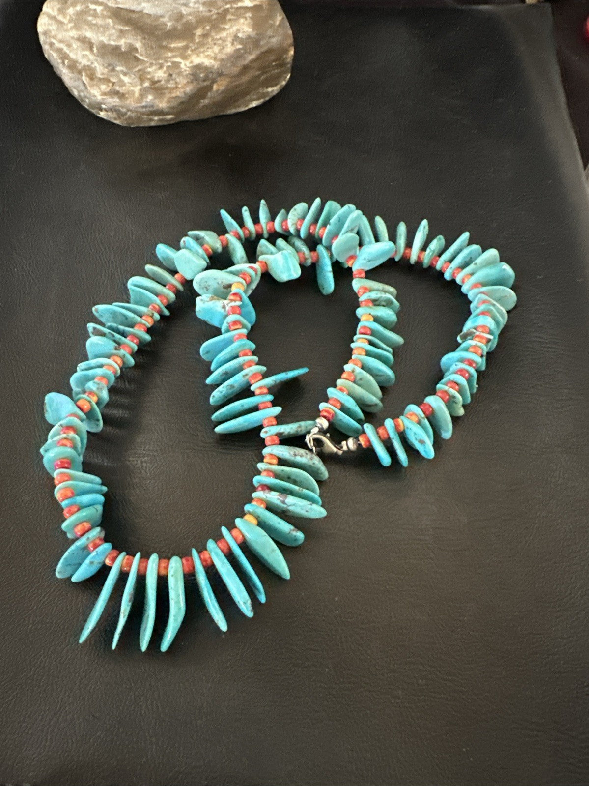 Large Blue Turquoise Red Spiny Navajo Pearls Sterling Silver Necklace 21" 19319