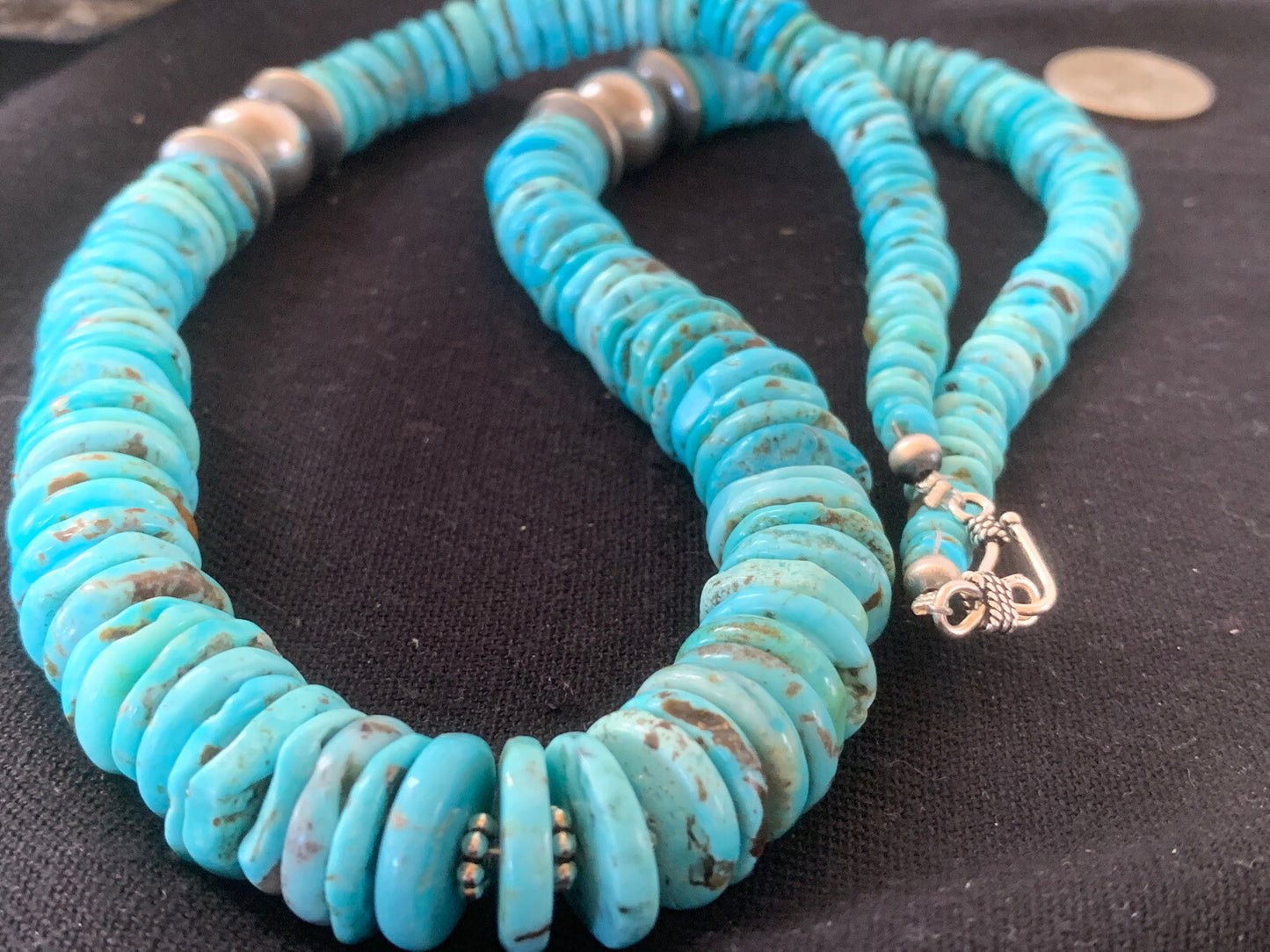 Blue Turquoise Graduated Navajo Pearls Sterling Silver Necklace 25" 00602