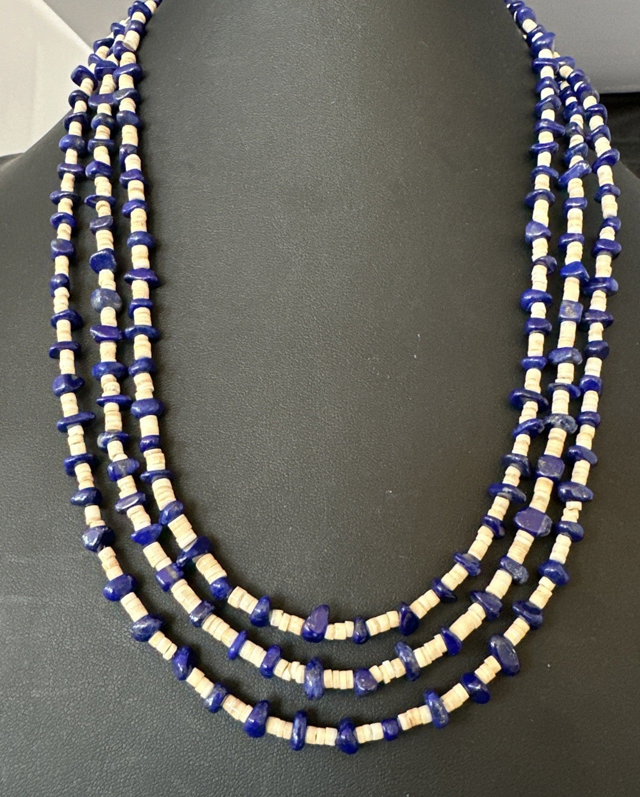 Blue Lapis Lazuli Tan Shell 3 Strand Navajo Sterling Silver Necklace 21” 19703