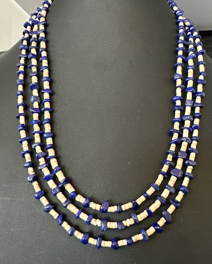Blue Lapis Lazuli Tan Shell 3 Strand Navajo Sterling Silver Necklace 21” 19703