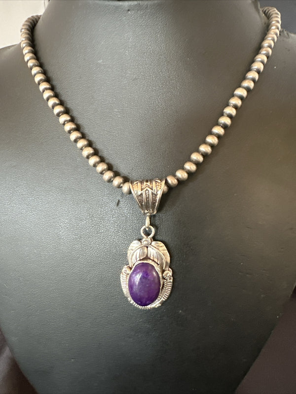Purple Stone Pendant Navajo Pearls Necklace 20" | Sterling Silver | Authentic Native American Handmade | 18049